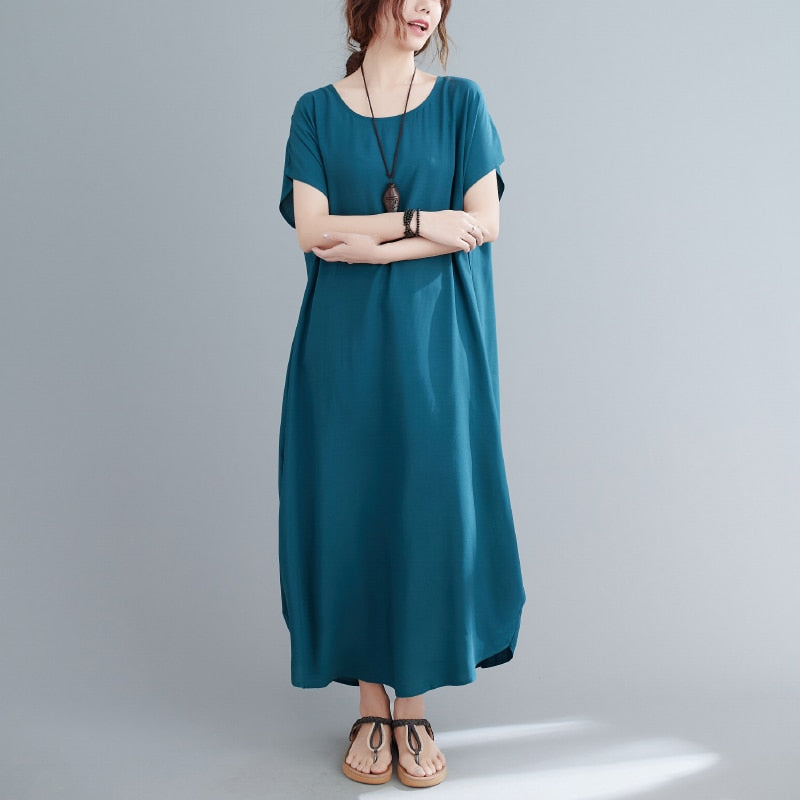 Short Sleeve Cotton Satin Summer O-Neck Dresses