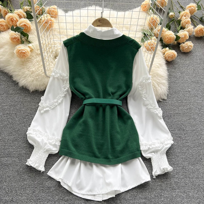 Sweater Dress Suits White Blouse and Sleeveless Knitted Tops