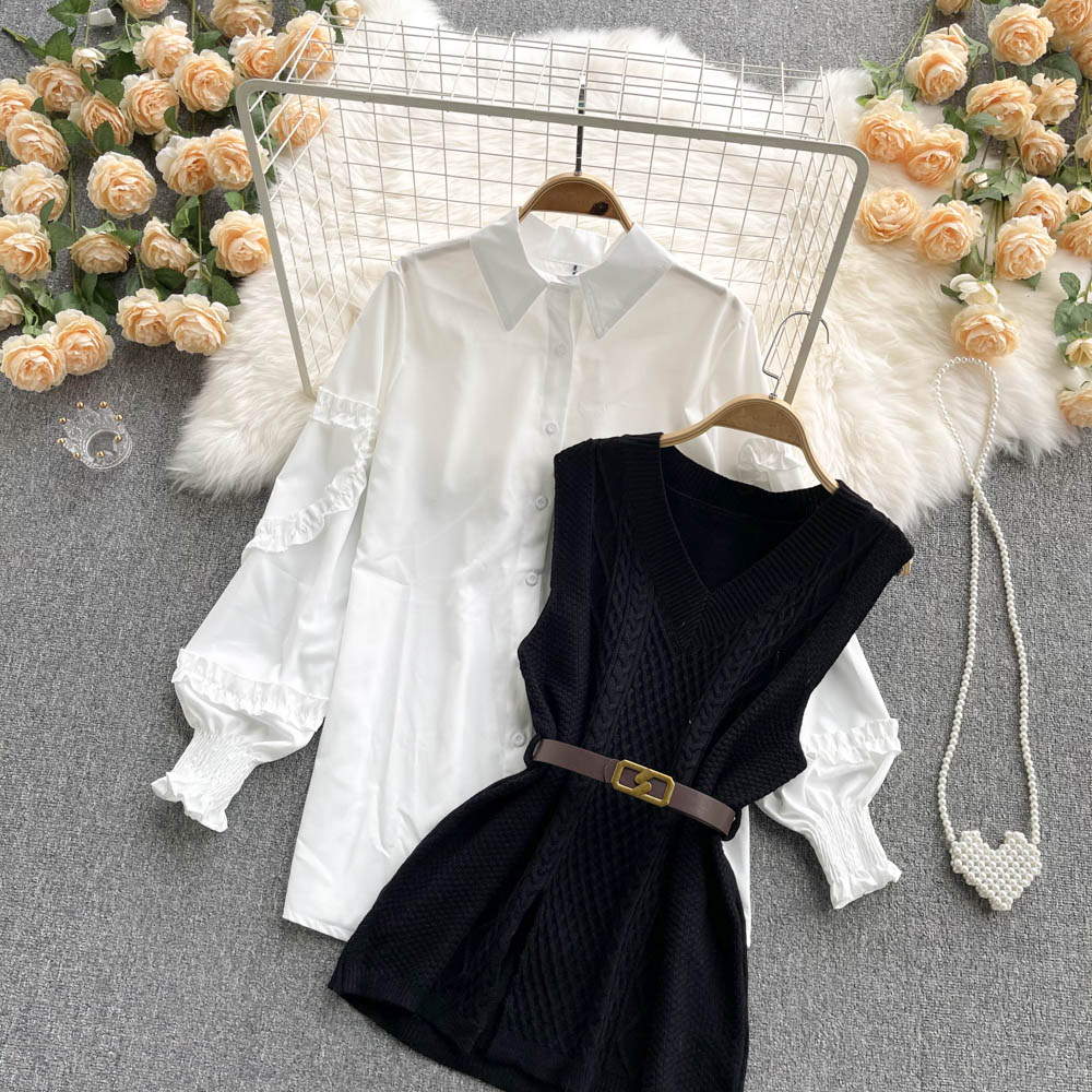 Sweater Dress Suits White Blouse and Sleeveless Knitted Tops