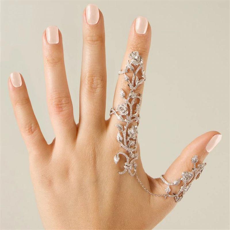 Occident Chic Shiny Crystal Floral Ring Connect Full 2 Finger Ring