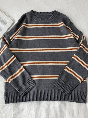 Vintage Stripe Sweaters Women Loose Oversize Korean Style Pullover Top