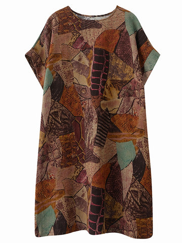 Short Sleeve Cotton Linen Vintage Print Summer Midi Dresses