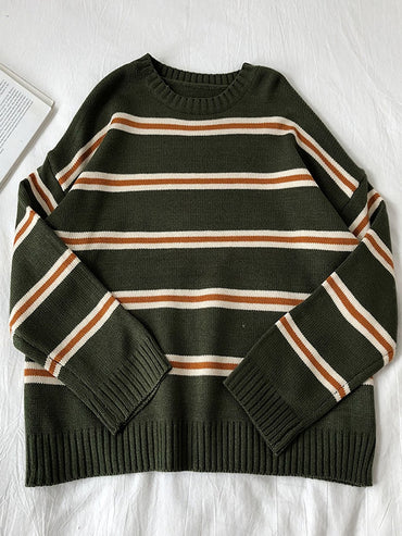 Vintage Stripe Sweaters Women Loose Oversize Korean Style Pullover Top