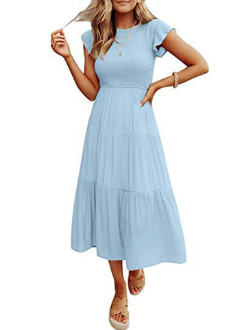 Pleated Dress Women Long Party Dress Ladies Flying Sleeve Fashion