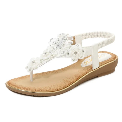 Flower Rhinestone Flat Sandals Low Heel Wedges Open Toe Flip Flops