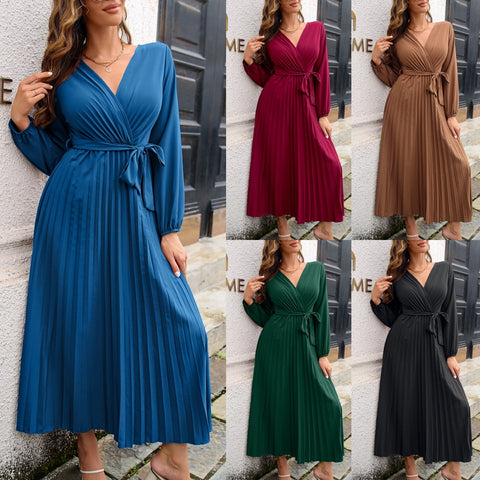 Cross V-neck large hem pleated solid color spaghetti strap dress