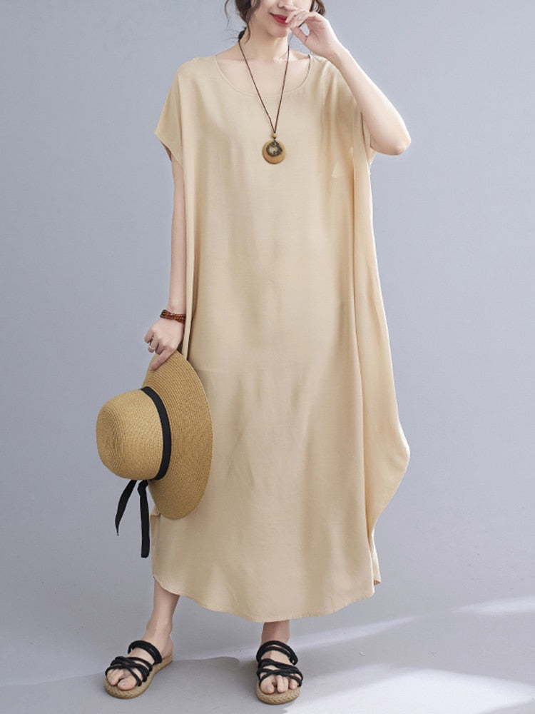 Short Sleeve Cotton Satin Summer O-Neck Dresses