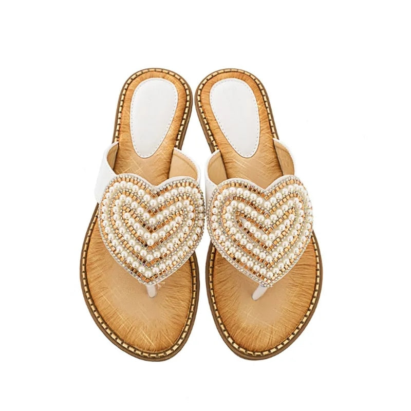 Summer Beach Slippers Rhinestone Love heart Flip Flops