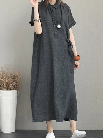 Style Cotton Linen Lapel Pockets Loose Casual Vintage Dresses
