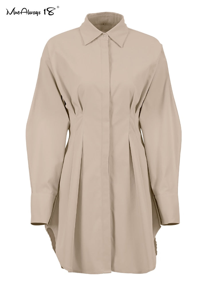 Dress Khaki Long Sleeve Pleated Shirt Dress Office Ladies Solid