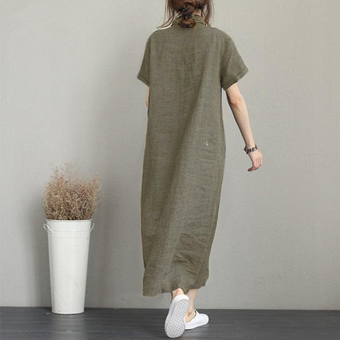 Style Cotton Linen Lapel Pockets Loose Casual Vintage Dresses