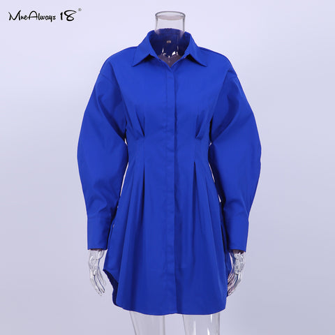 Dress Khaki Long Sleeve Pleated Shirt Dress Office Ladies Solid