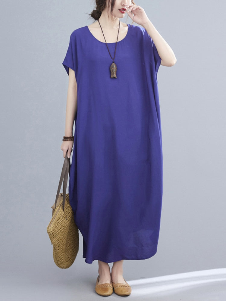 Short Sleeve Cotton Satin Summer O-Neck Dresses