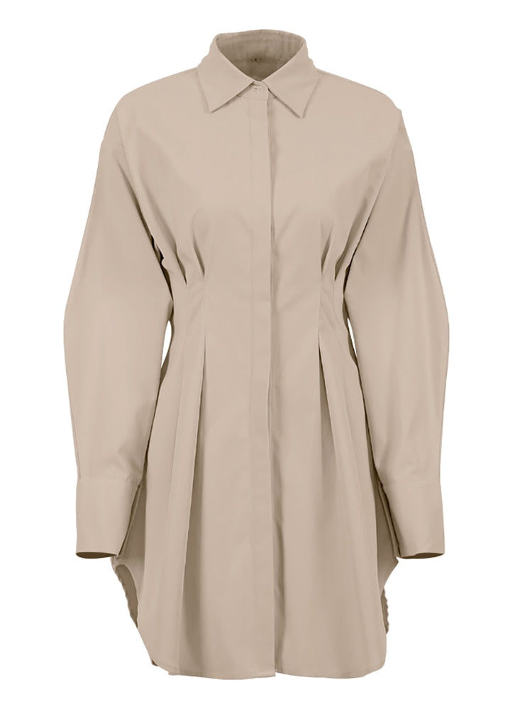 Dress Khaki Long Sleeve Pleated Shirt Dress Office Ladies Solid