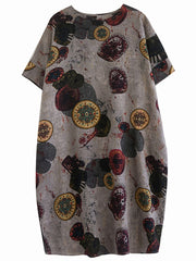 Short Sleeve Cotton Linen Vintage Print Summer Midi Dresses