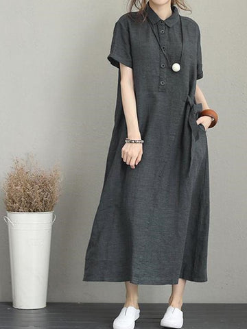 Style Cotton Linen Lapel Pockets Loose Casual Vintage Dresses