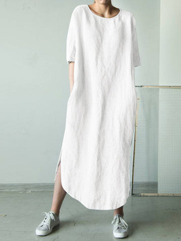 Women O Neck Short Sleeve Sundress Summer Solid Cotton Linen Dress