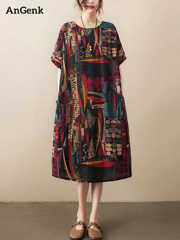 Short Sleeve Cotton Linen Vintage Print Summer Midi Dresses