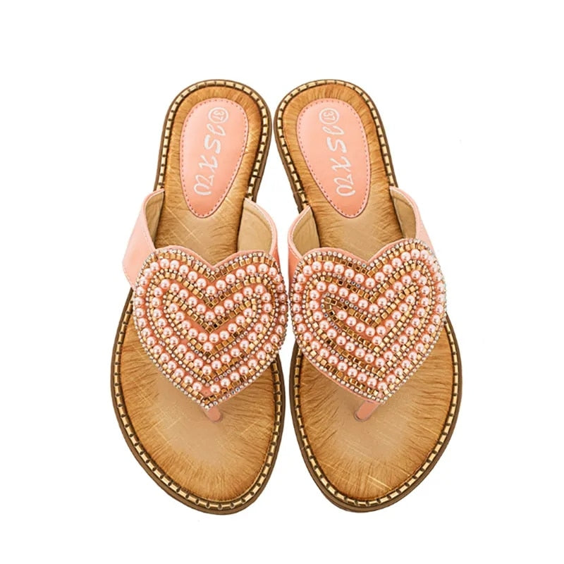 Summer Beach Slippers Rhinestone Love heart Flip Flops