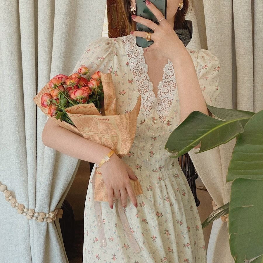 Vintage Floral Dress Elegant Lace Chiffon Party Dress Puff Sleeve