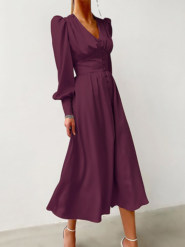 Robe High Waist Satin Long Dress Chic Midi Dresses Lantern Sleeve