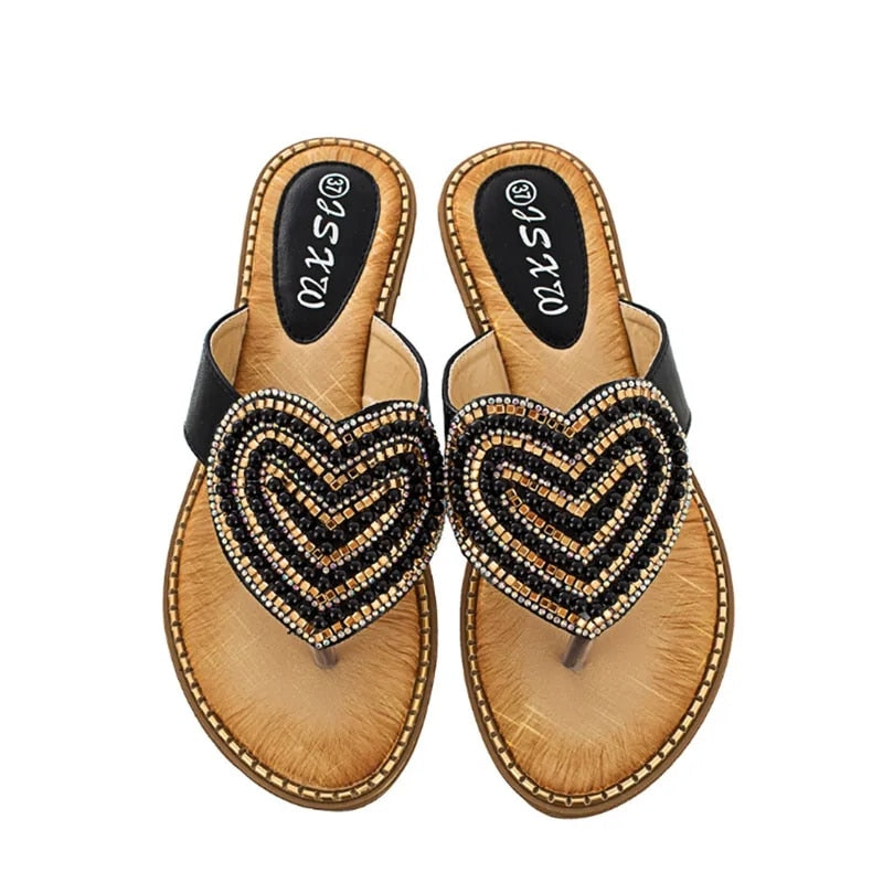 Summer Beach Slippers Rhinestone Love heart Flip Flops