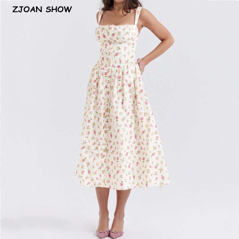 Flower Print Sling Dress Style Lace Square Collar Swing Midi