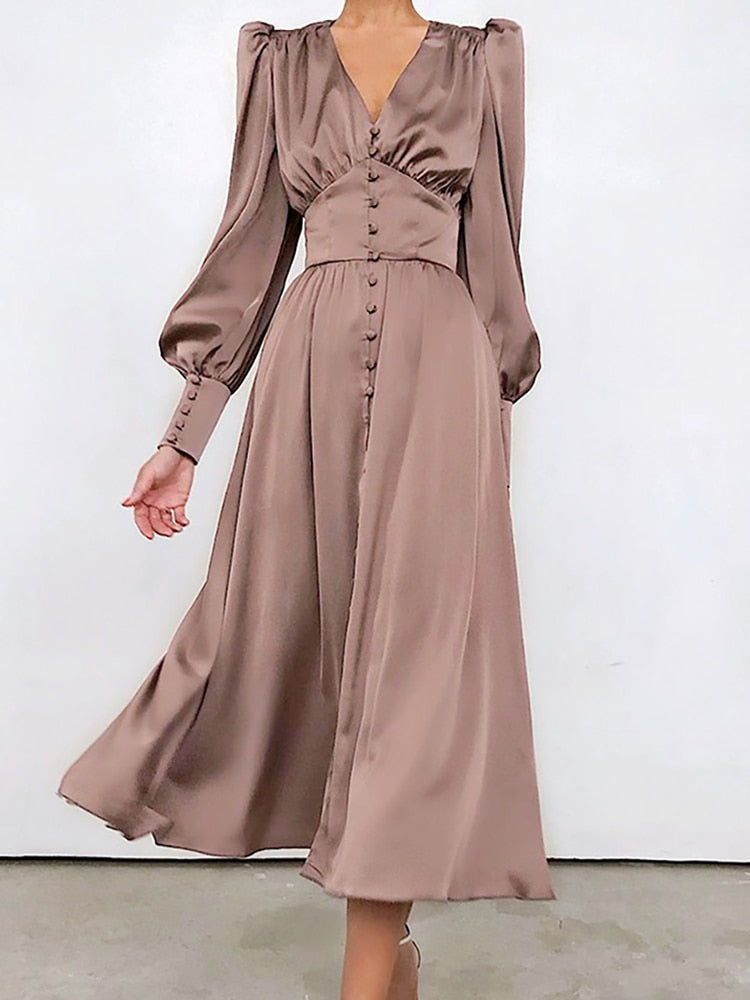 Robe High Waist Satin Long Dress Chic Midi Dresses Lantern Sleeve