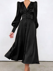 Robe High Waist Satin Long Dress Chic Midi Dresses Lantern Sleeve