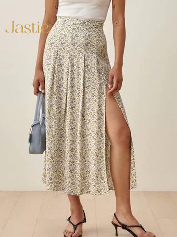 A-line Floral Print Long High Waist Pleated Slit Skirts