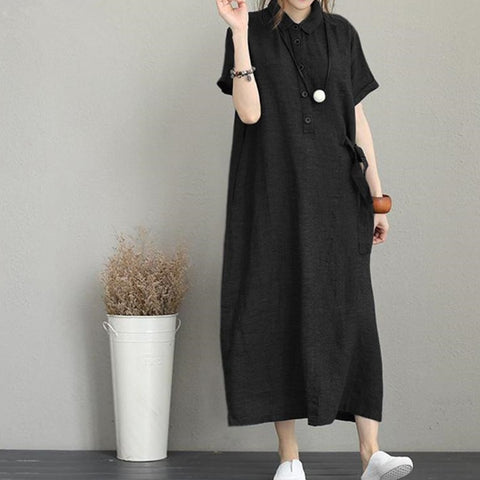 Style Cotton Linen Lapel Pockets Loose Casual Vintage Dresses