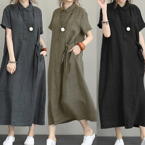Style Cotton Linen Lapel Pockets Loose Casual Vintage Dresses