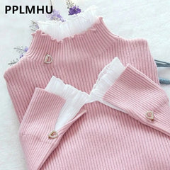 Patchwork Warm Sweater Women Elegant Long Sleeve Slim Turtleneck Knitted