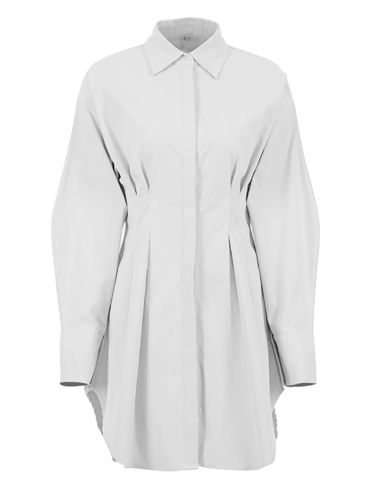 Dress Khaki Long Sleeve Pleated Shirt Dress Office Ladies Solid