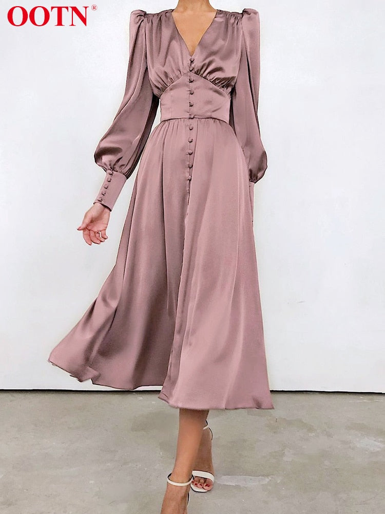 Robe High Waist Satin Long Dress Chic Midi Dresses Lantern Sleeve