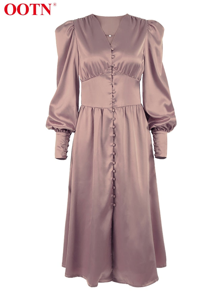 Robe High Waist Satin Long Dress Chic Midi Dresses Lantern Sleeve