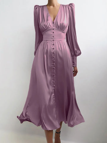 Robe High Waist Satin Long Dress Chic Midi Dresses Lantern Sleeve