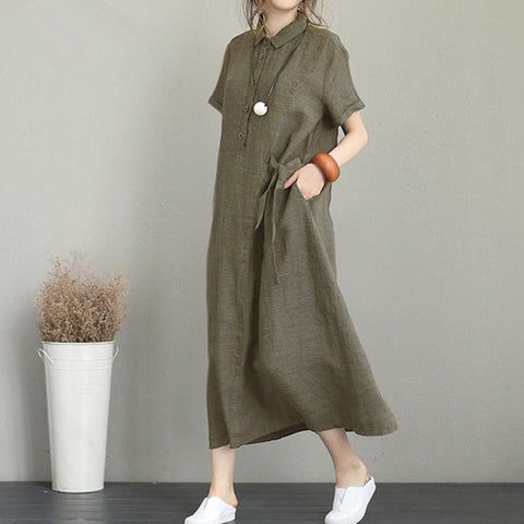 Style Cotton Linen Lapel Pockets Loose Casual Vintage Dresses