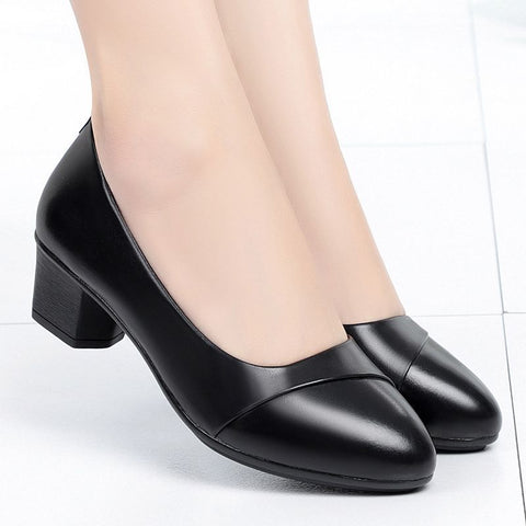Women Mid Heel Shoes Office Lady Pumps PU Leather Black Basic Square Heeled