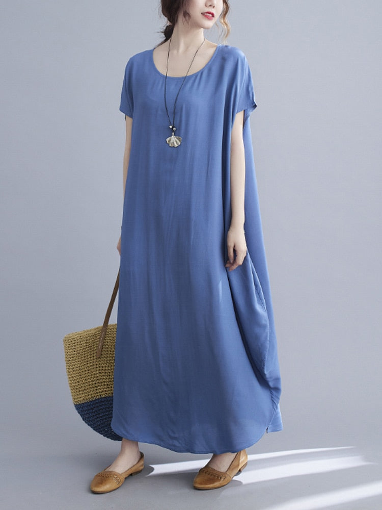 Short Sleeve Cotton Satin Summer O-Neck Dresses