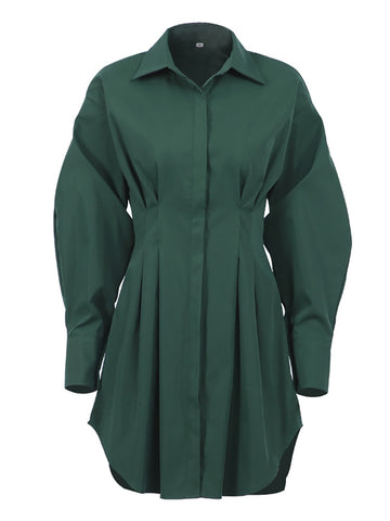 Dress Khaki Long Sleeve Pleated Shirt Dress Office Ladies Solid