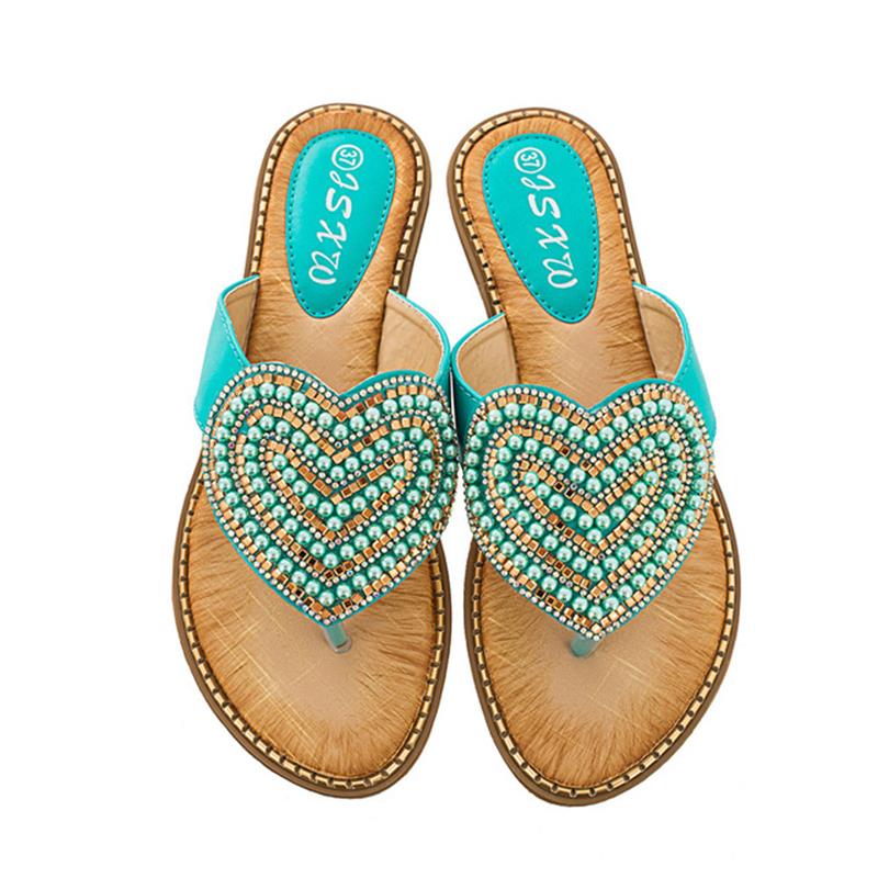 Summer Beach Slippers Rhinestone Love heart Flip Flops