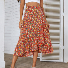 Women Floral Print Ruffles Pleated Boho Skirt