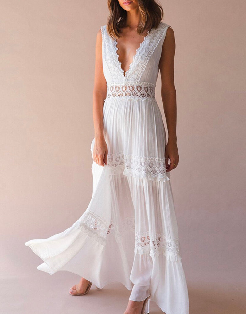 Deep V Elegant White Lace Backless Hollow Out Long Maxi Dresses ...