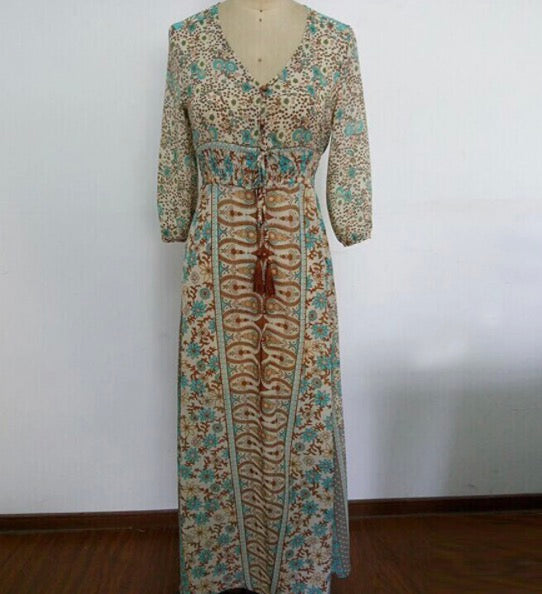 Floral Chiffon Boho Vintage Print V Neck Beach Maxi Long Dress