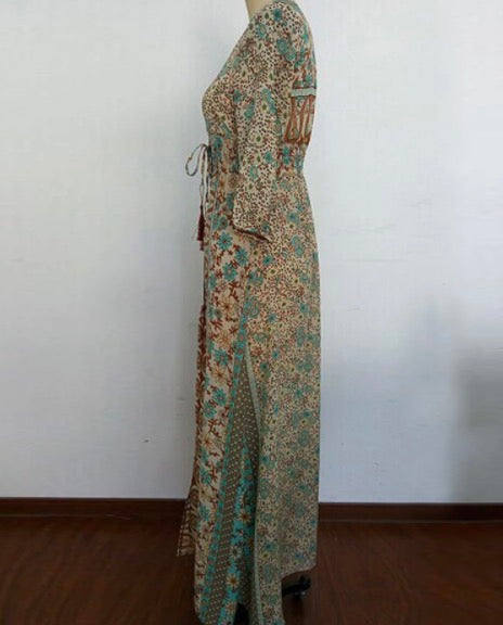 Floral Chiffon Boho Vintage Print V Neck Beach Maxi Long Dress