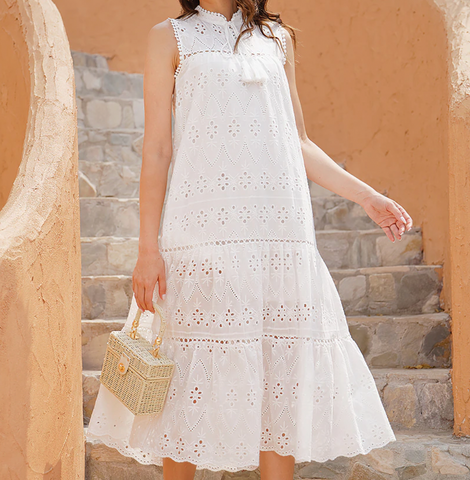 Elegant ruffle lace cotton Vintage lantern sleeve hollow out Short dress