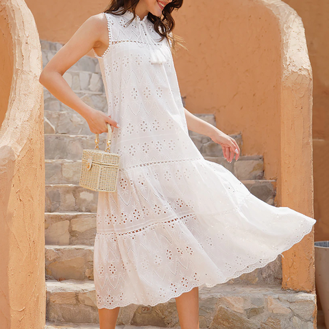 Elegant ruffle lace cotton Vintage lantern sleeve hollow out Short dress