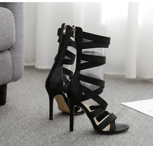 Mature PU Solid Sandals Lace-Up Thin High Heel