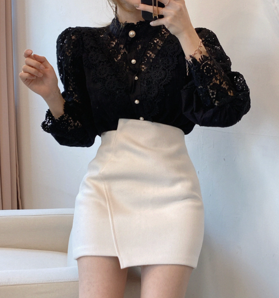 Chic Hollow Out Flower Lace Shirt Stand-Collar All-Match Summer Blouses